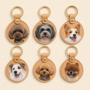 Custom hand-painted round leather pet tag with personalized pet portrait