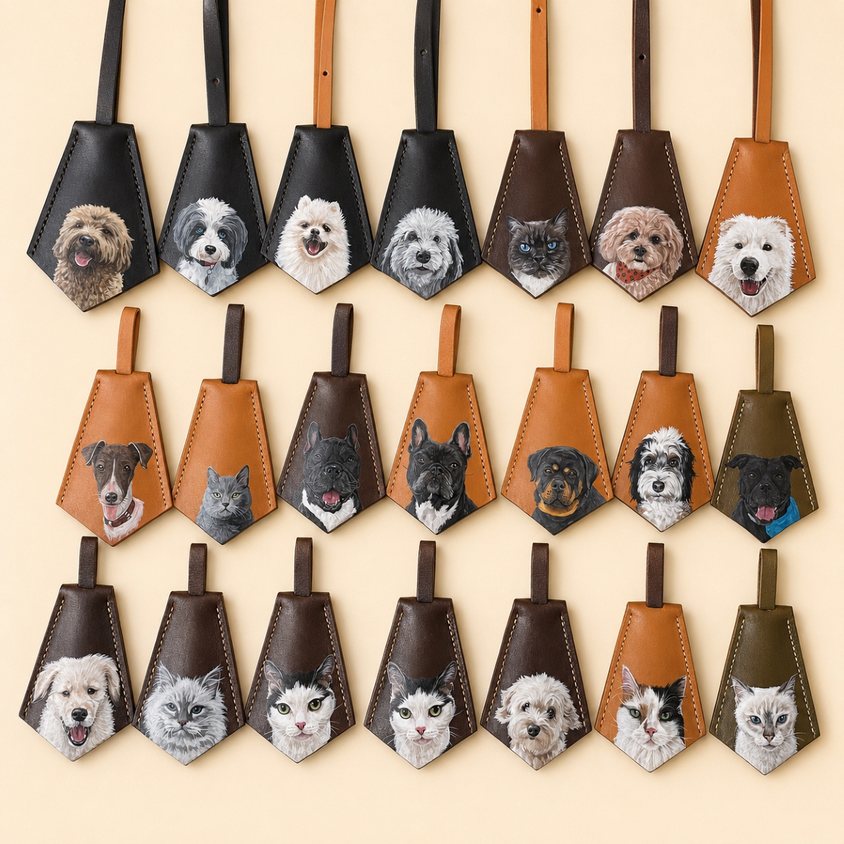 leather pet tags Custom hand-painted leather pet tags with personalized pet portraits